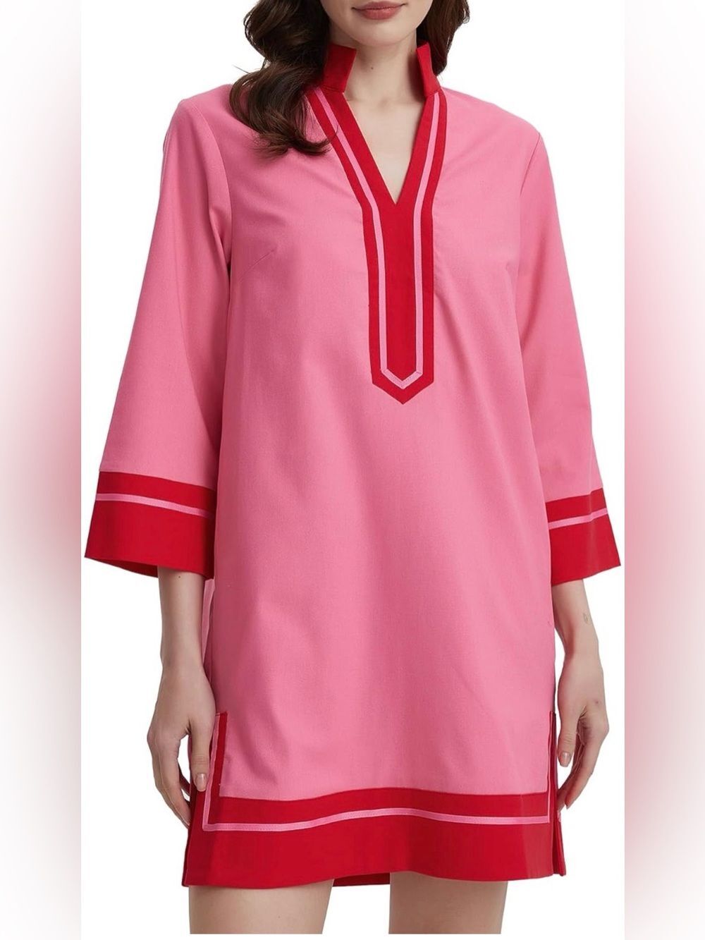 NWT Women’s Shift Dress 3/4 Sleeve Summer Pink Tunic with Red Trim Size L